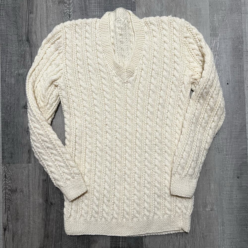 Vintage Cable Knit Ivory Beige Sweater V Neck Pullover Womens M Tall Wool Blend